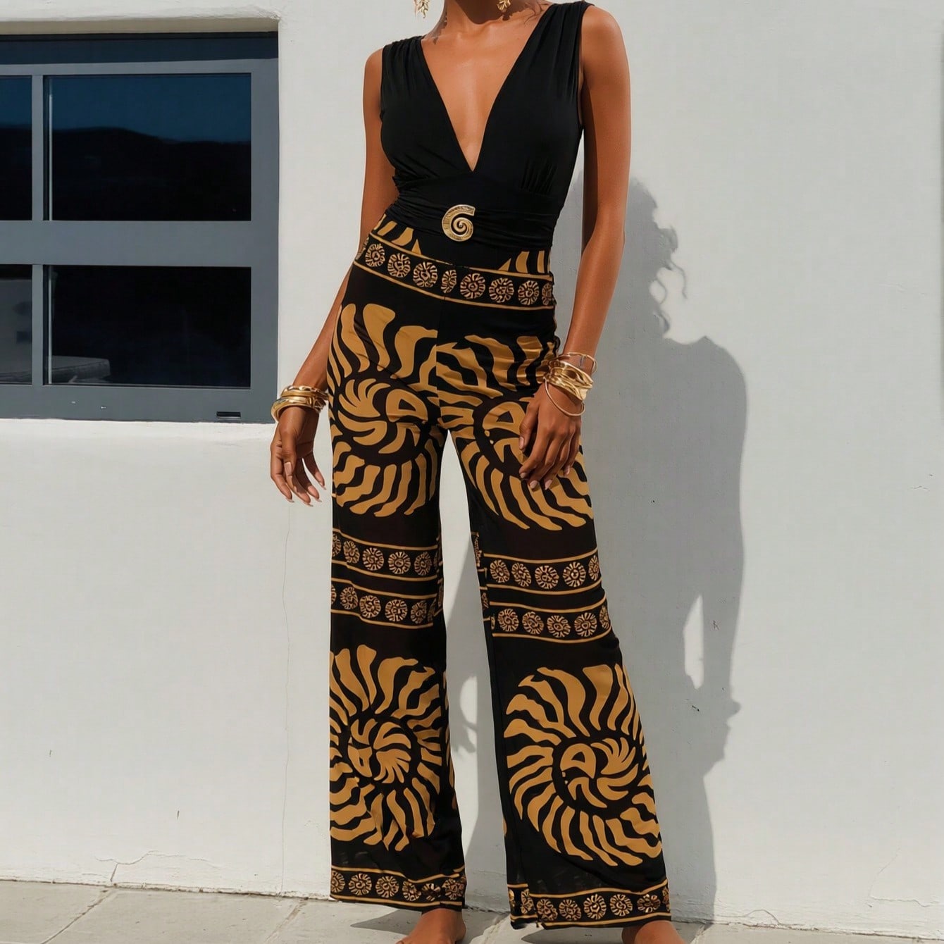 2026 New  Sleeveless Jumpsuit, Deep V Neck & Metal Buckle & Retro Print Wide Leg Pants, Vacation Casual Women's Outfit