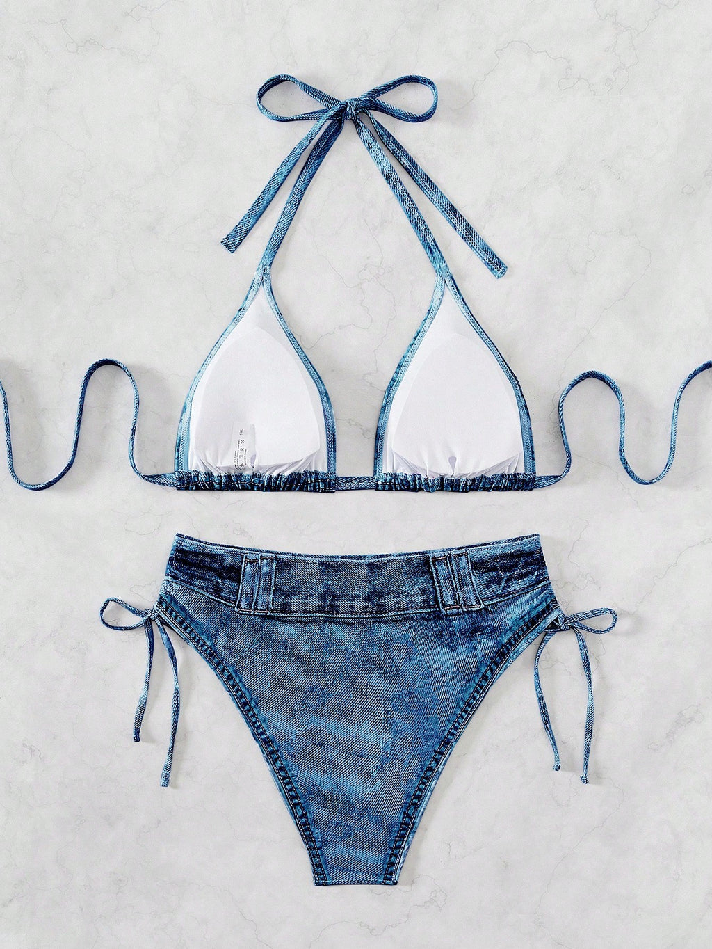 Denim Print Halter Triangle Side Tie Bikini Set