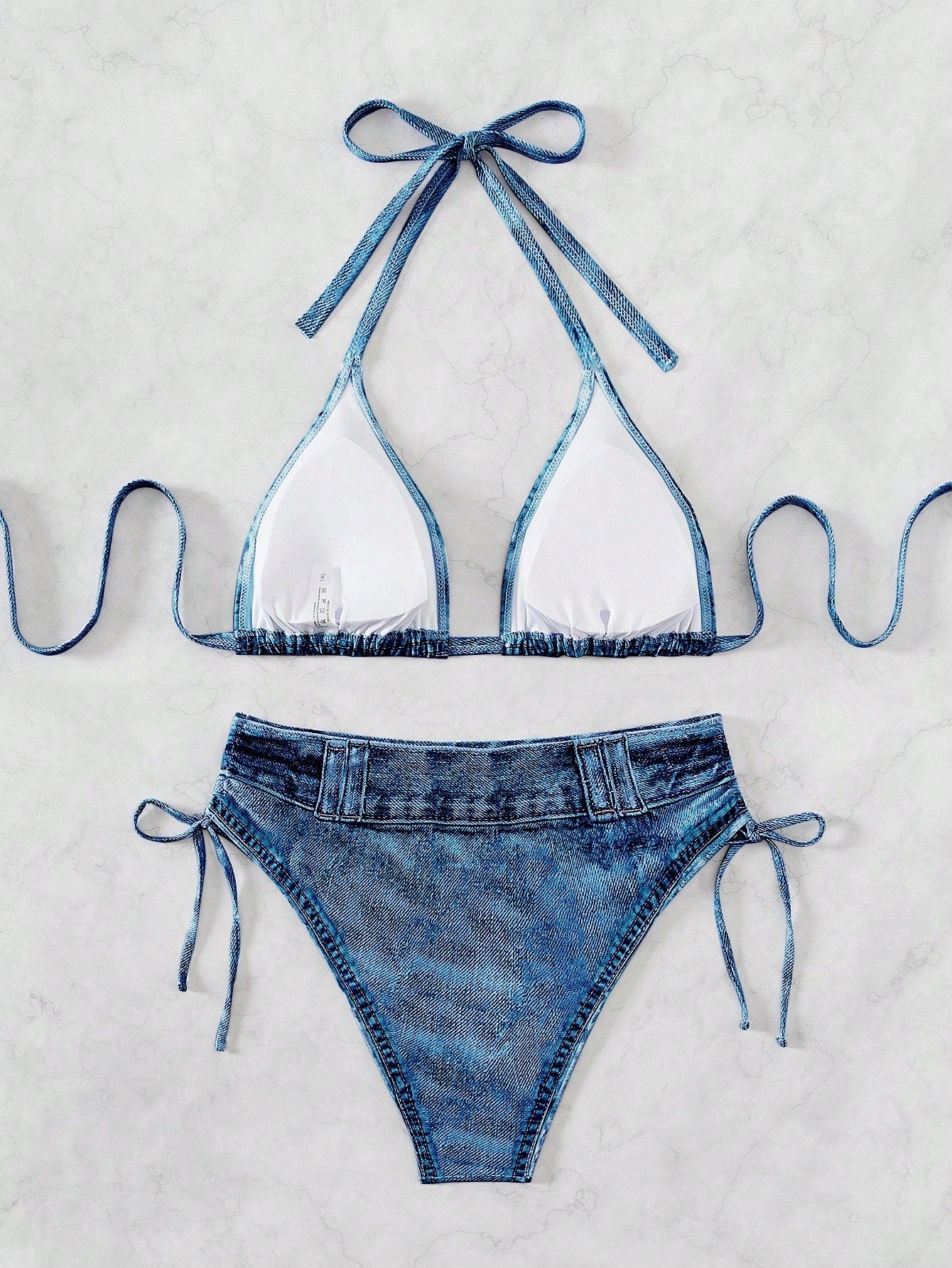 Denim Print Halter Triangle Side Tie Bikini Set