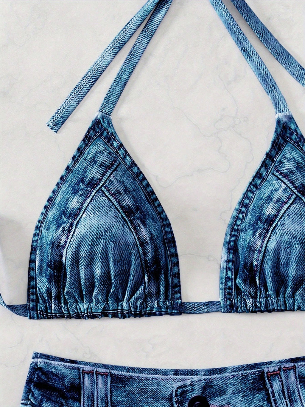 Denim Print Halter Triangle Side Tie Bikini Set