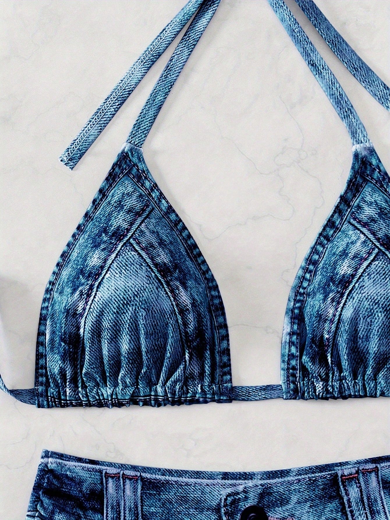 Denim Print Halter Triangle Side Tie Bikini Set