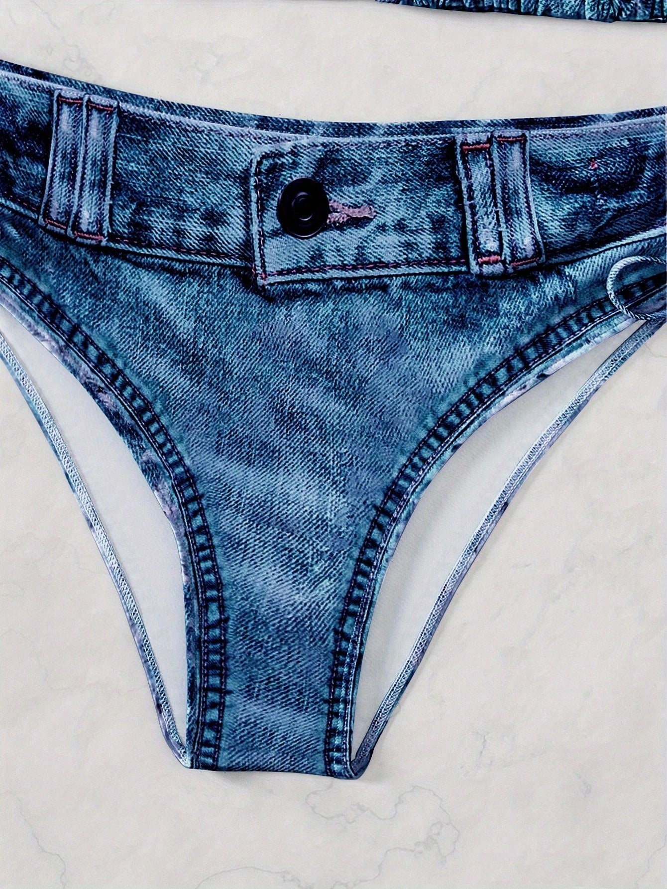 Denim Print Halter Triangle Side Tie Bikini Set