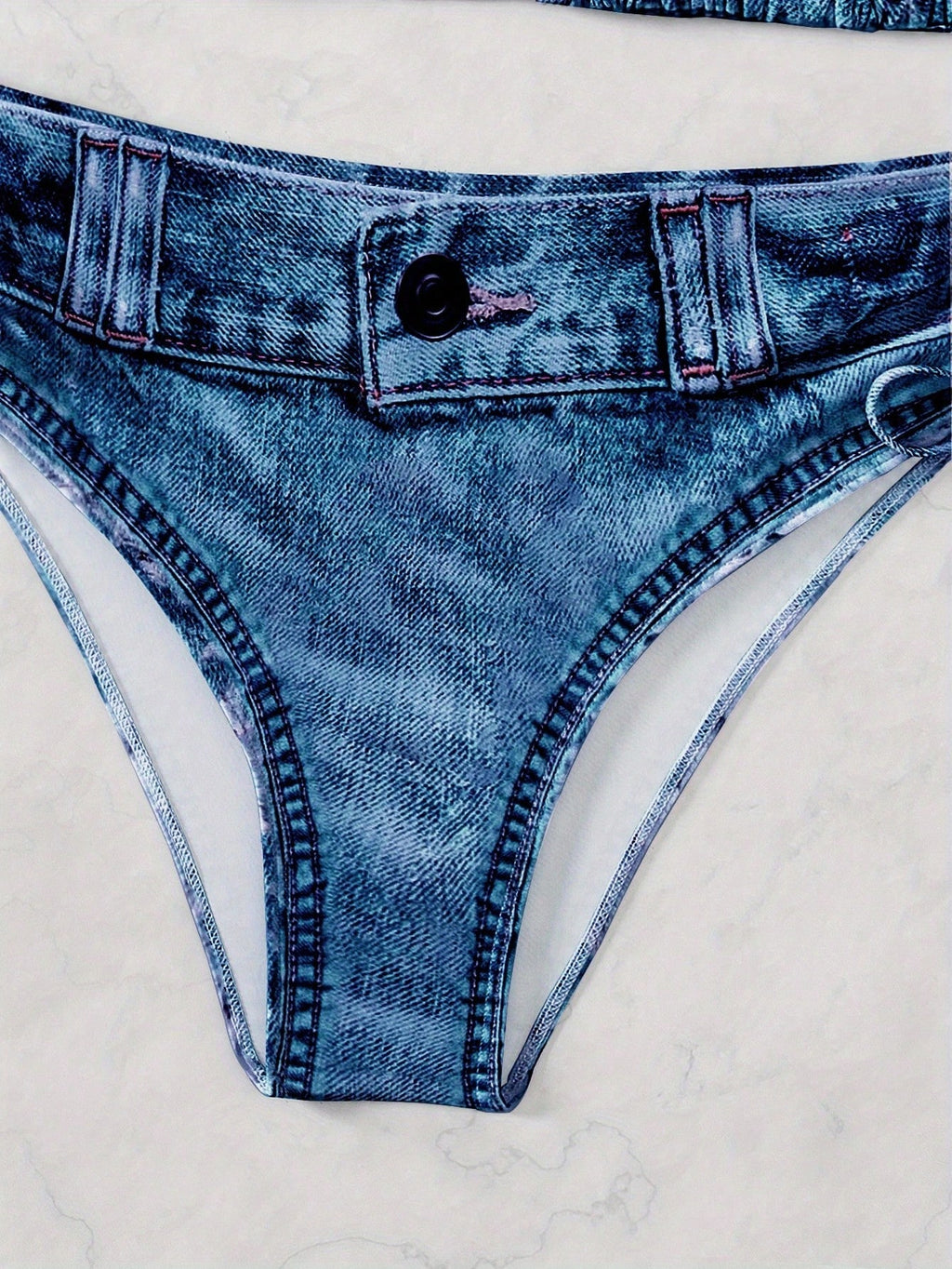 Denim Print Halter Triangle Side Tie Bikini Set