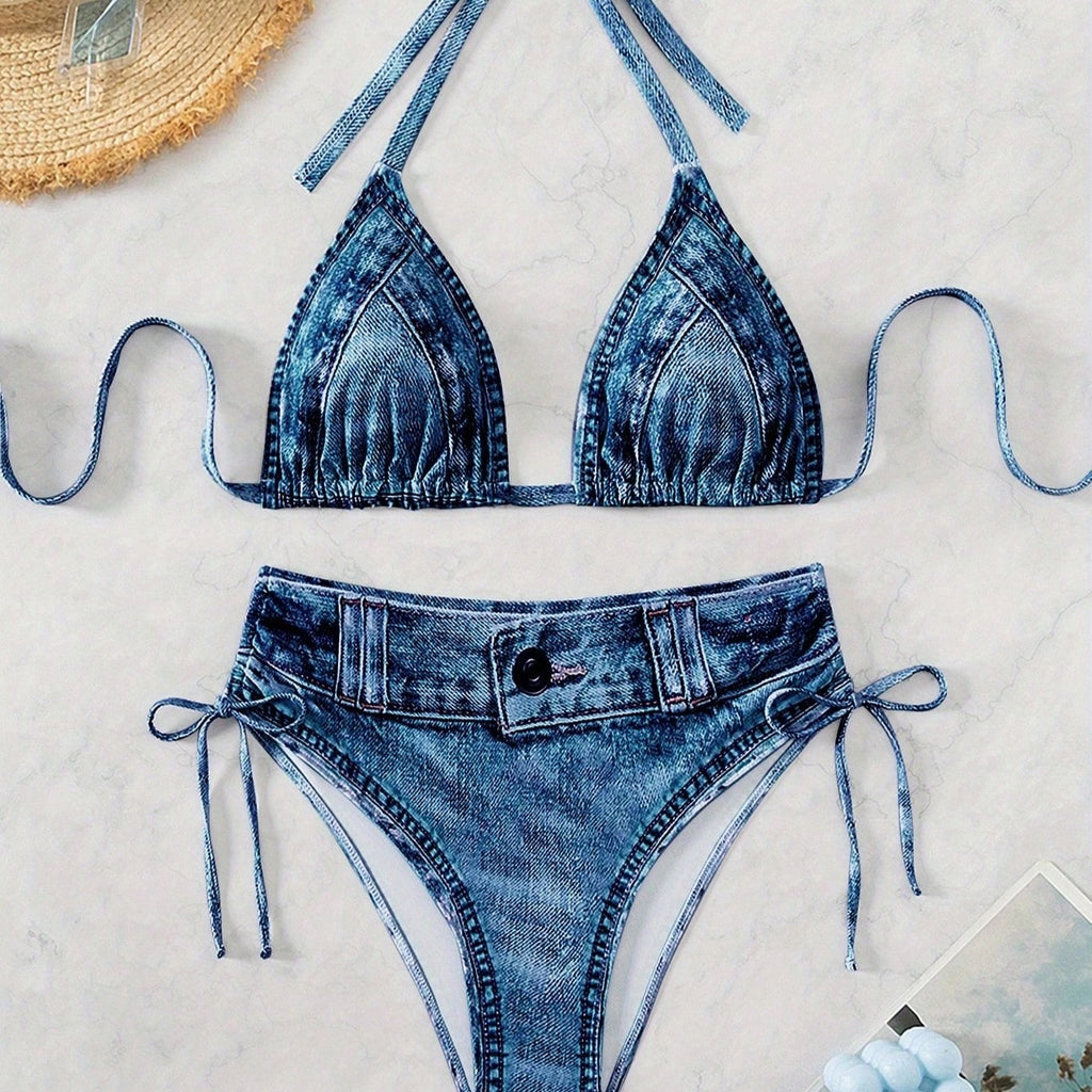 Denim Print Halter Triangle Side Tie Bikini Set