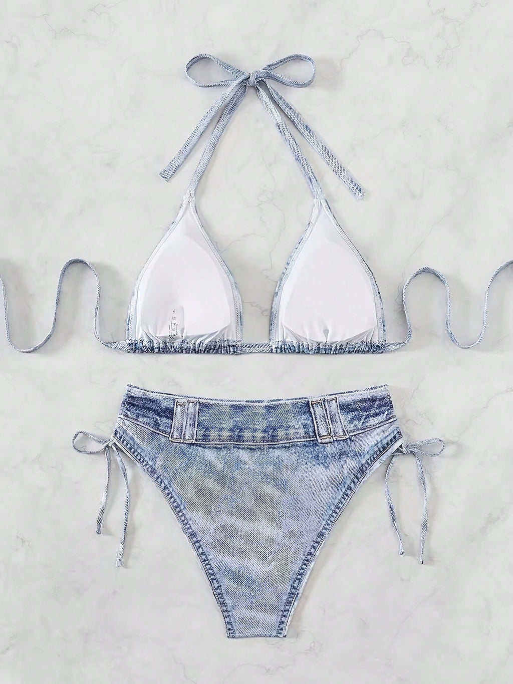 Light Wash Denim Print Halter Triangle Side Tie Bikini Set