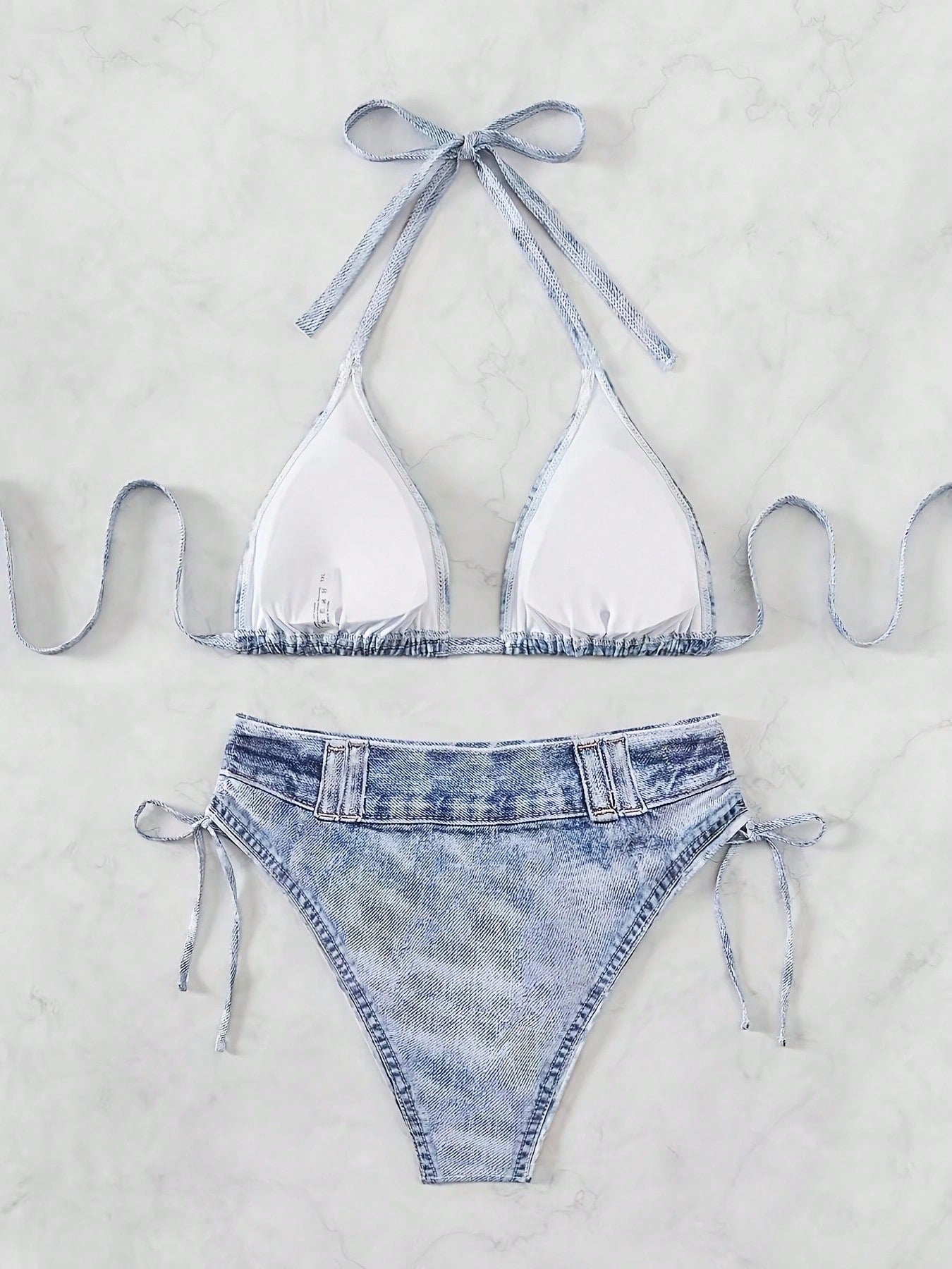 Light Wash Denim Print Halter Triangle Side Tie Bikini Set