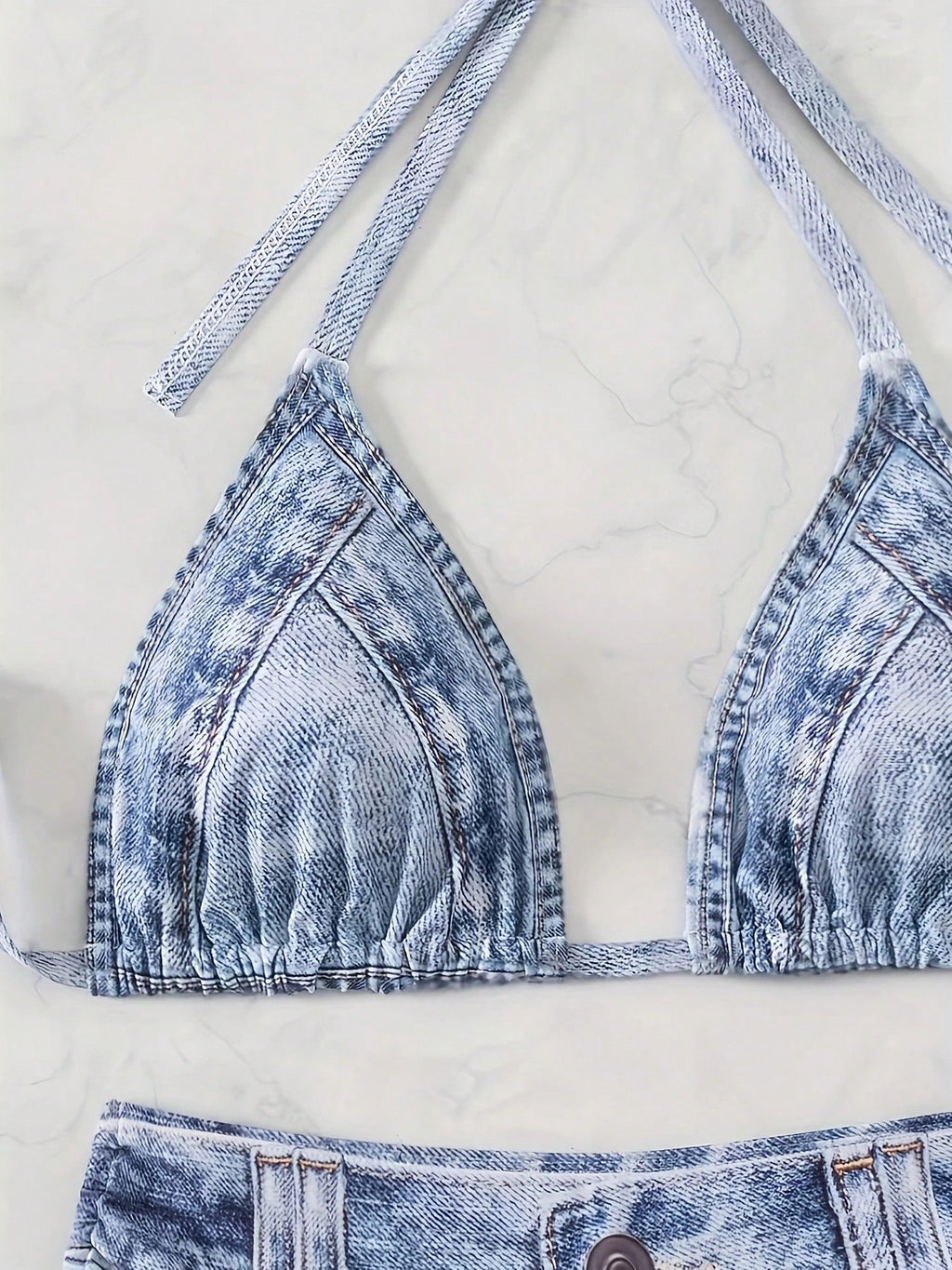 Light Wash Denim Print Halter Triangle Side Tie Bikini Set
