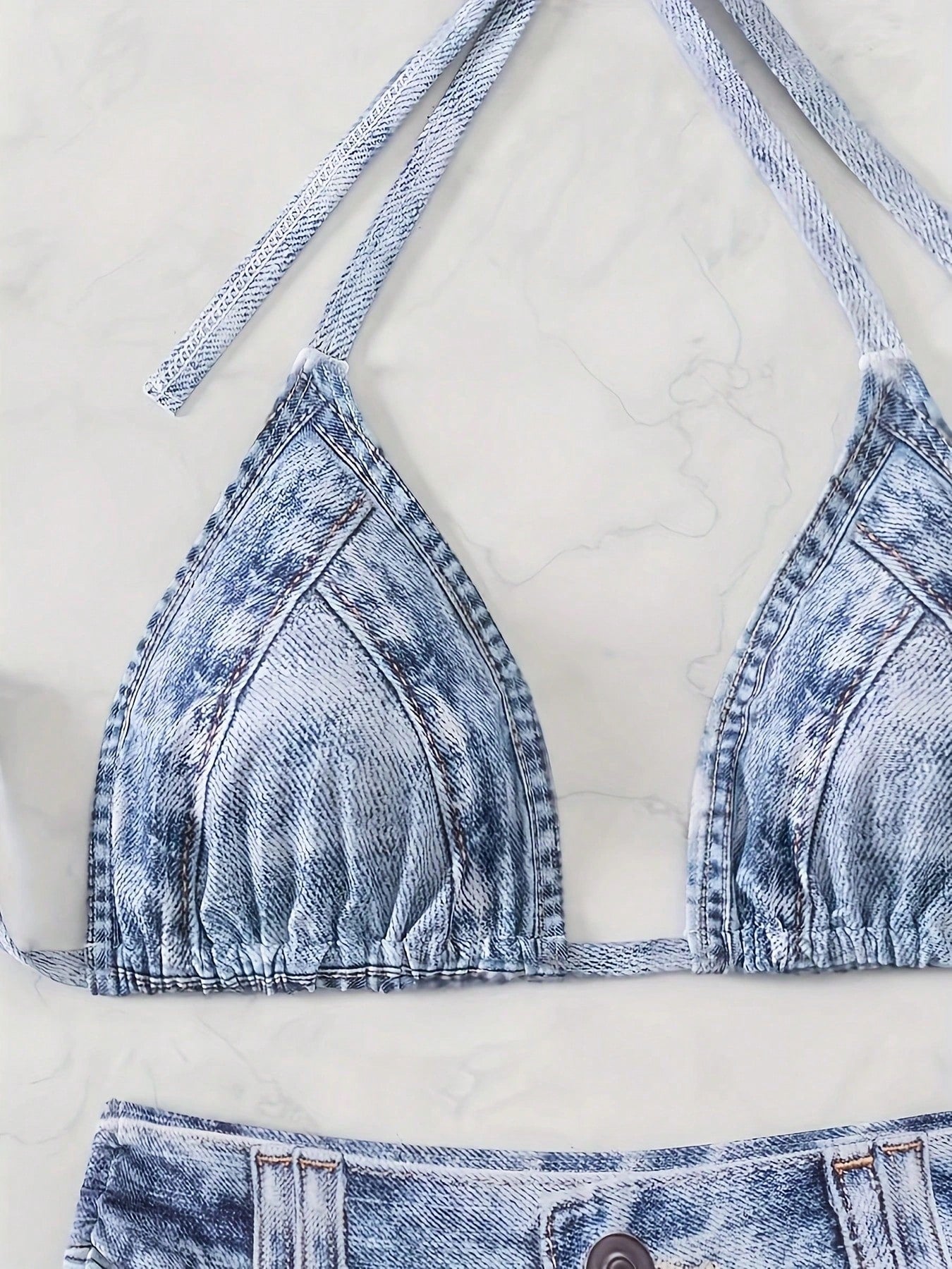 Light Wash Denim Print Halter Triangle Side Tie Bikini Set