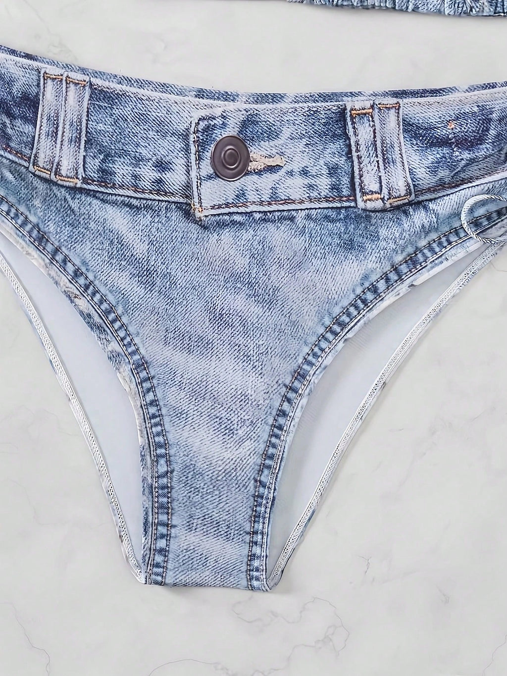 Light Wash Denim Print Halter Triangle Side Tie Bikini Set