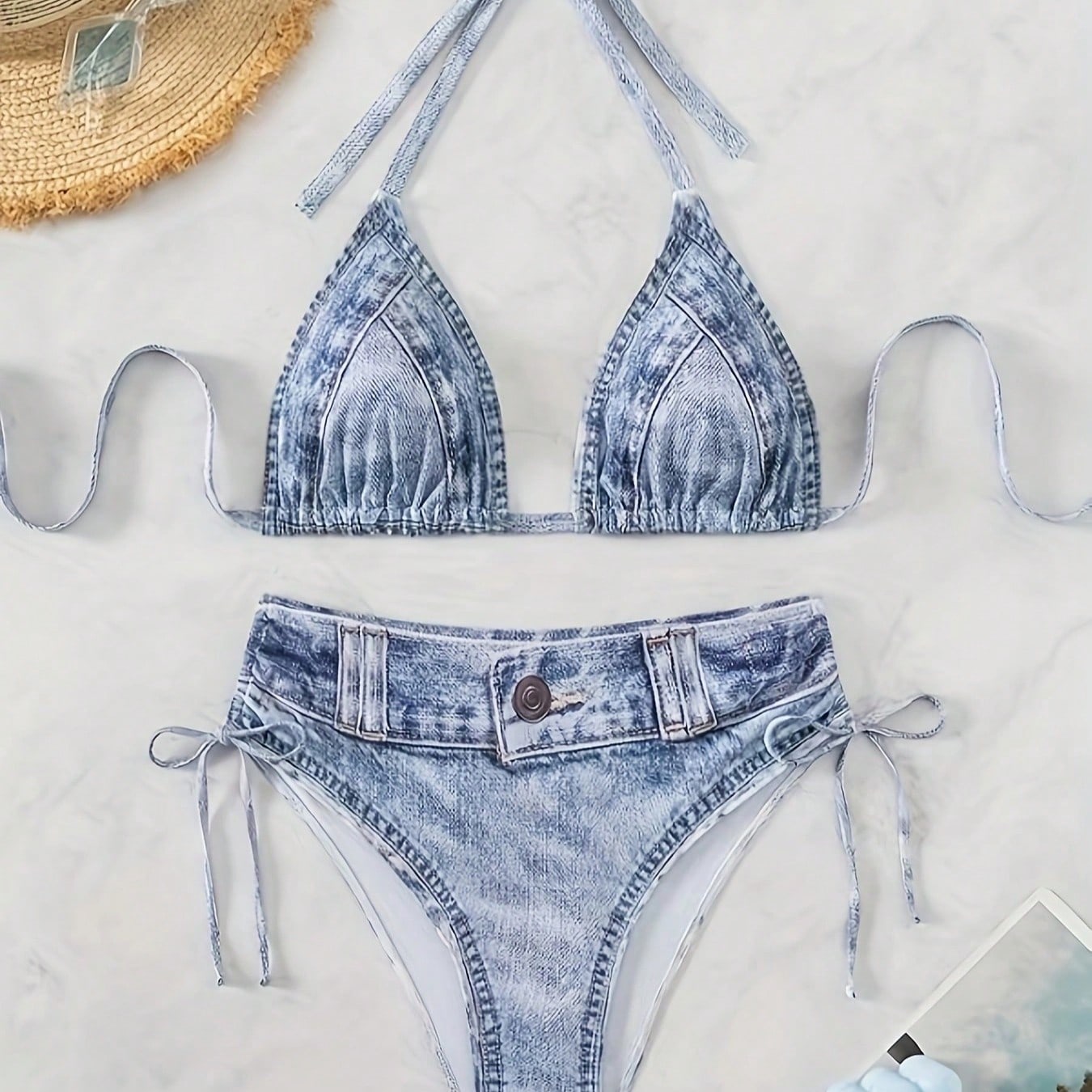 Light Wash Denim Print Halter Triangle Side Tie Bikini Set