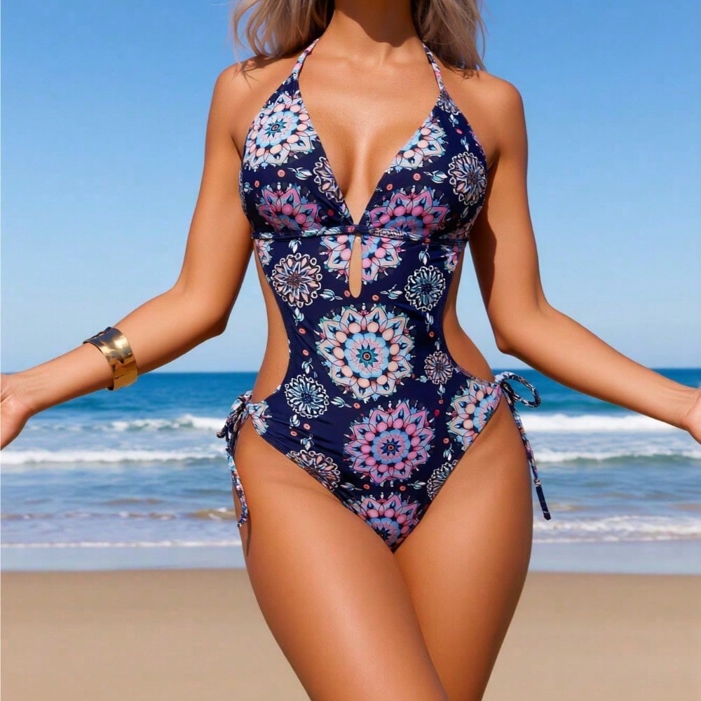 2026 New Bohemian Print One-Piece Swimsuit Women's Navy Mandala Halter Cutout High-Leg Bathing Suit for Beach Vacation, Sexy & Flattering