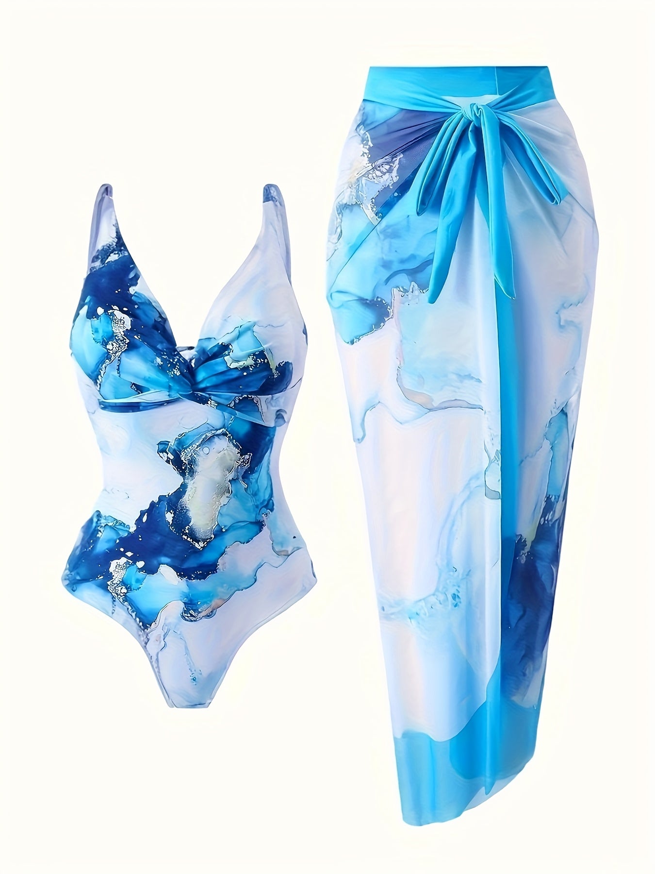 Women's Blue Marble Print One Piece Swimsuit with Cover Up Skirt, Tie Front Bathing Suit Set for Beach Vacation