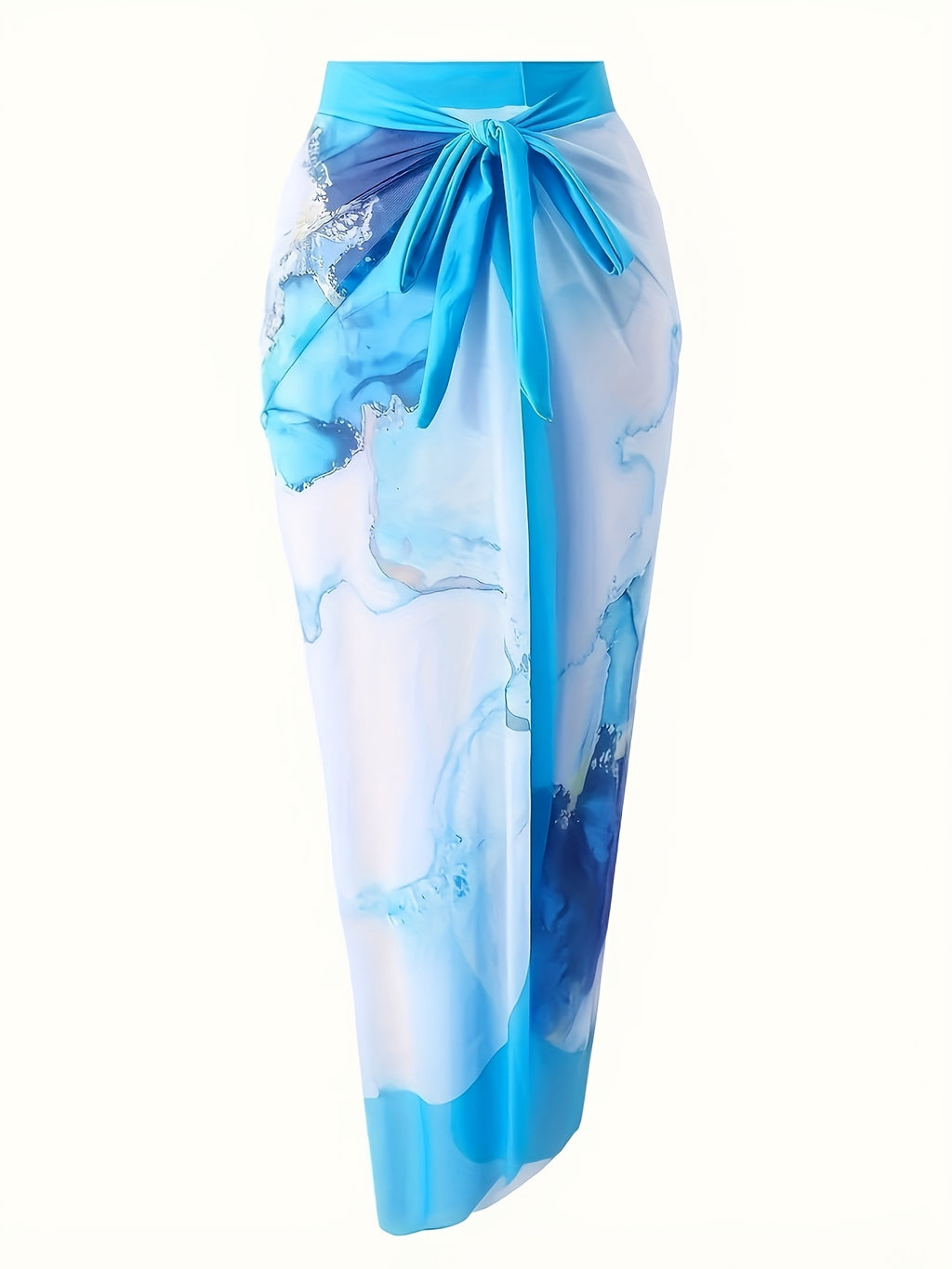 Women's Blue Marble Print One Piece Swimsuit with Cover Up Skirt, Tie Front Bathing Suit Set for Beach Vacation