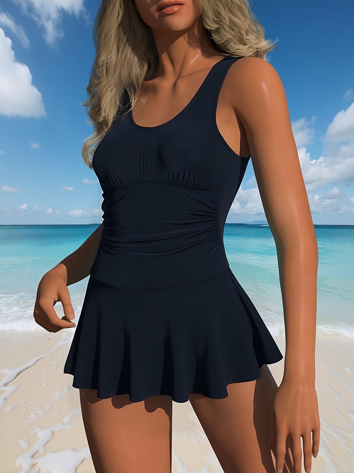 Women's Black Tummy Control Swim Dress, V-Neck Ruched One Piece Swimsuit with Skirt for Beach Vacation