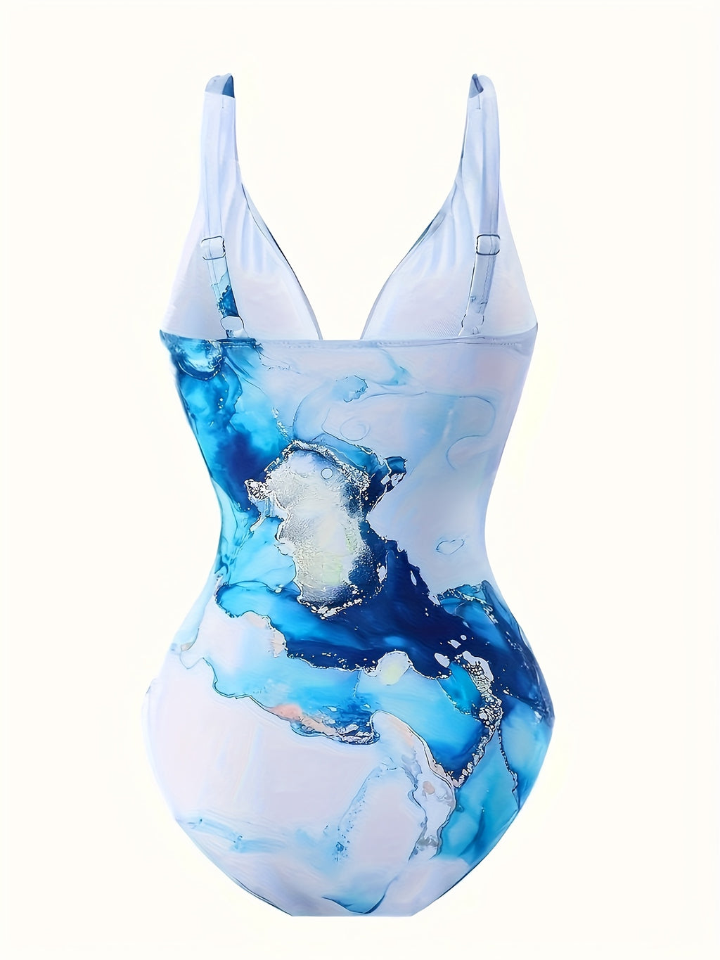 Women's Blue Marble Print One Piece Swimsuit with Cover Up Skirt, Tie Front Bathing Suit Set for Beach Vacation