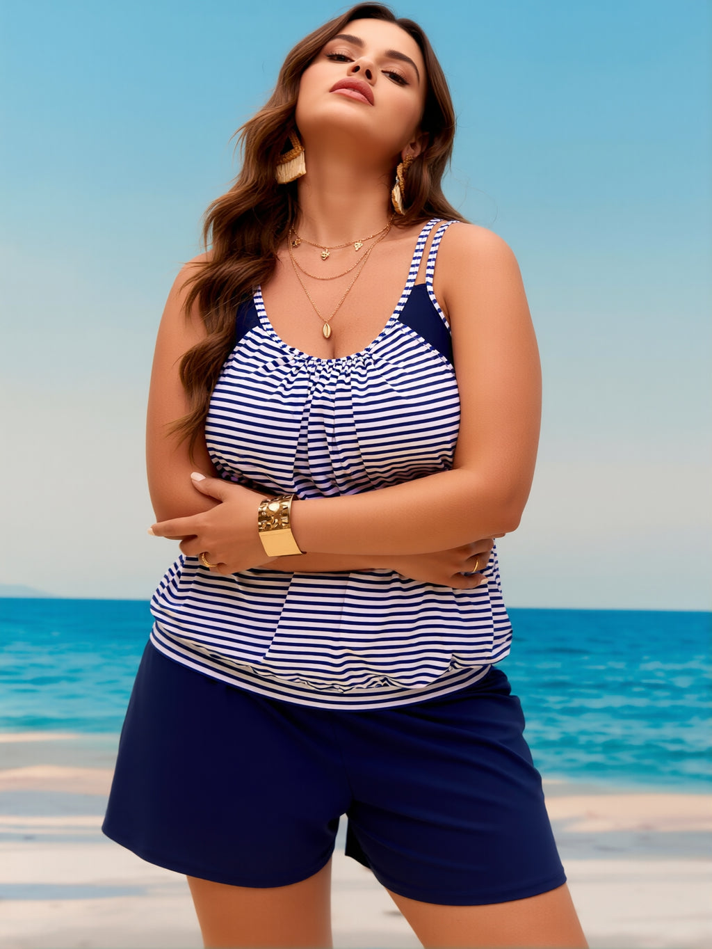 Plus Size Women's Blue Striped Tankini Swimsuit with Boyshorts, Tummy Control Flattering Bathing Suit for Beach Vacation