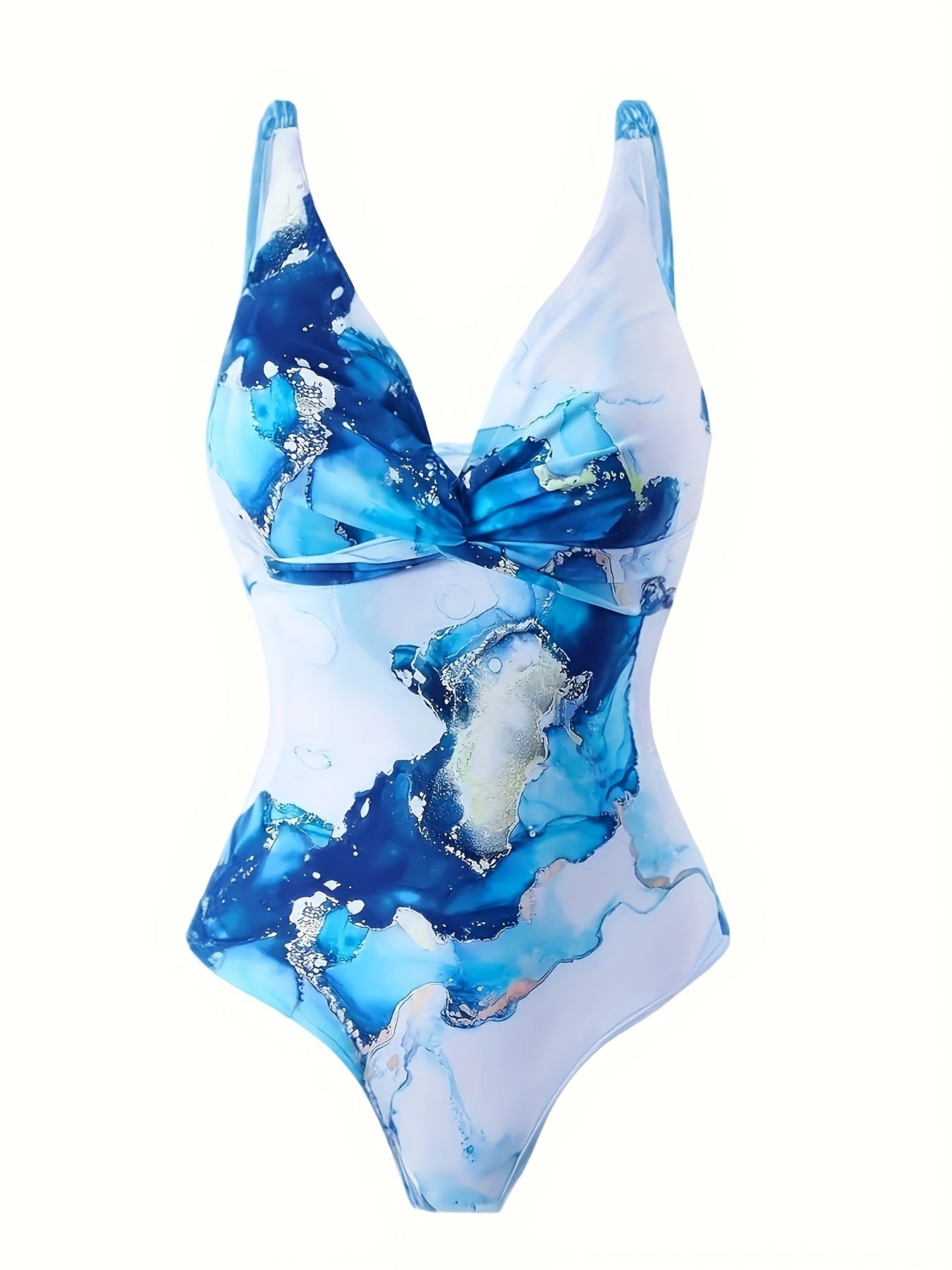 Women's Blue Marble Print One Piece Swimsuit with Cover Up Skirt, Tie Front Bathing Suit Set for Beach Vacation